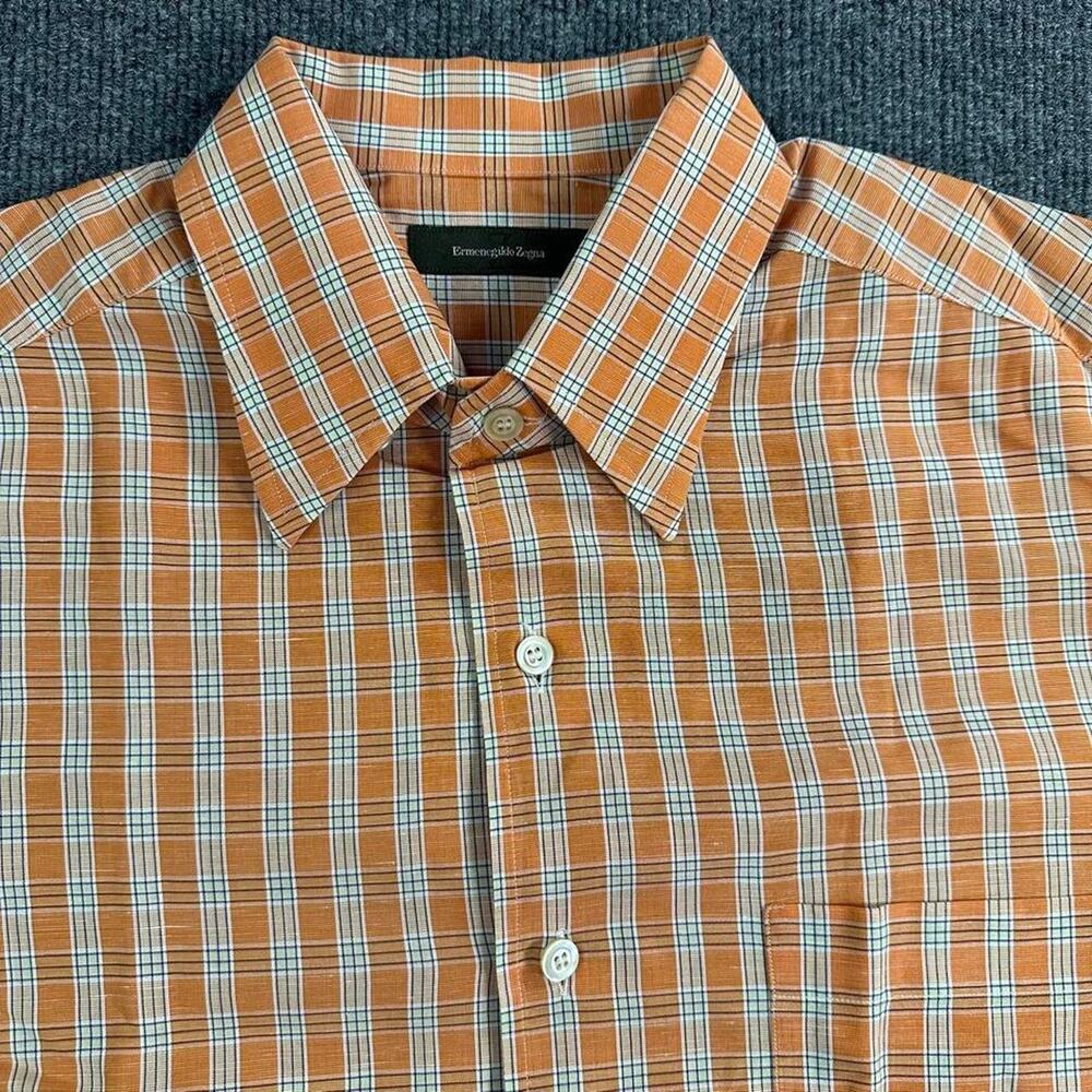 Ermenegildo Zegna Men’s Linen Blend Dress Shirt Italy Made Plaid Button Down L